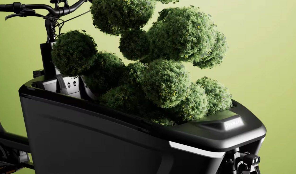 Brand film frame — the cargo box overflowing with foliage