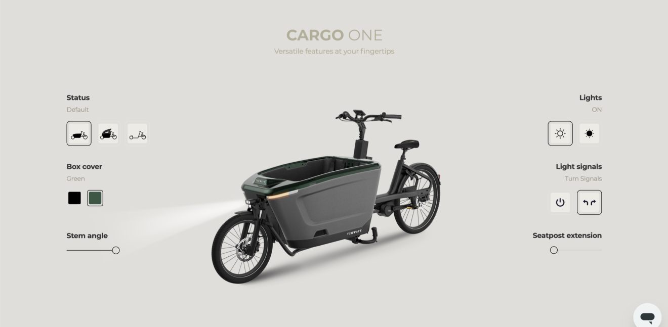 Cargo One page — live configurator: status, box cover, stem angle, lights, turn signals